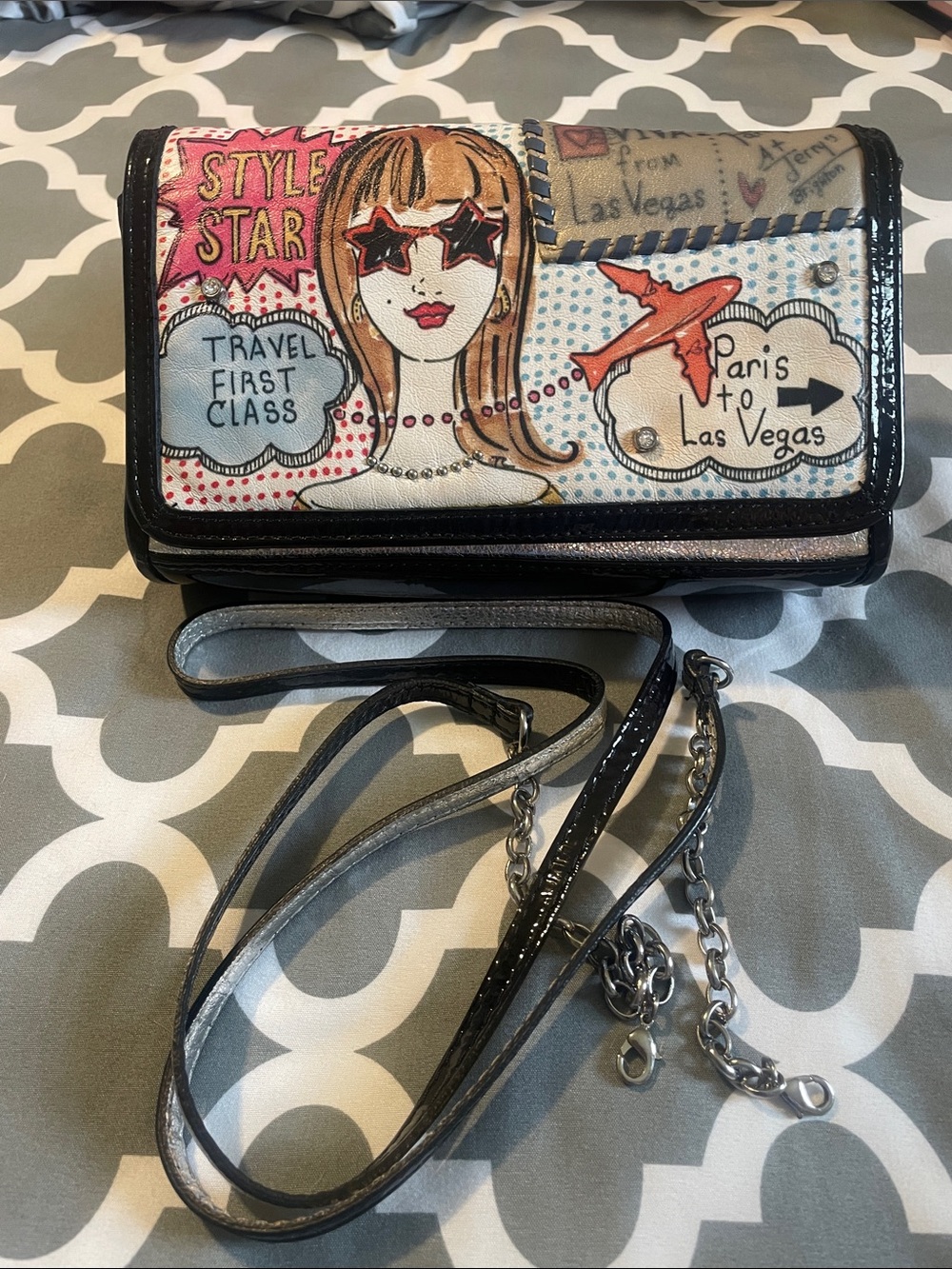 Brighton travel Star Collection Graphics Crossbody Bag - Black Patent Trim NWOT